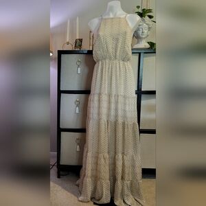 Lulus Long Plant Print Multi-Tier Dress L Cream Green Orange Flowing Worn Once